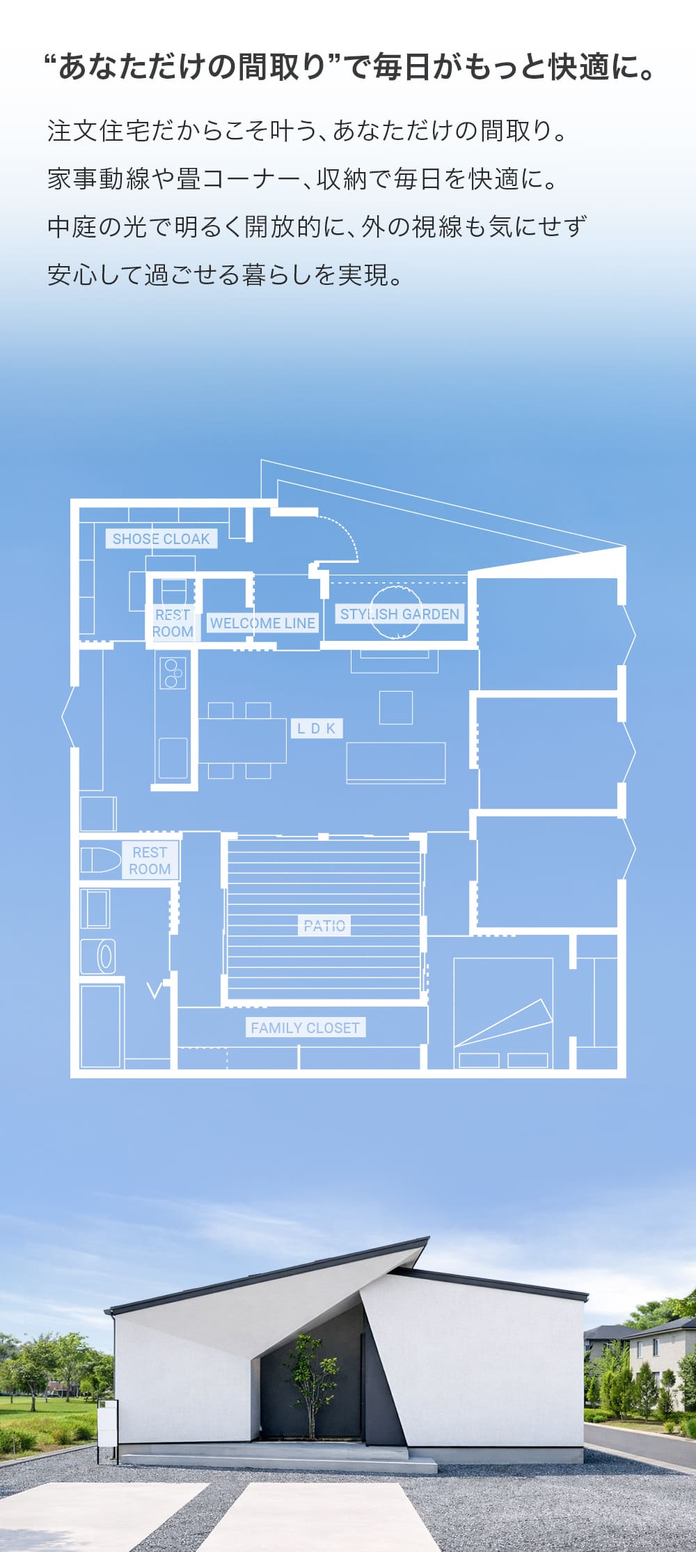 注文住宅で叶えるあなただけの間取り。楽々家事動線が生活をアシスト。家族が笑顔になる魔法の間取りを手に入れよう。